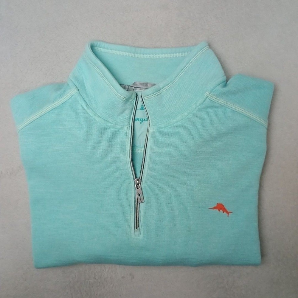 Tommy Bahama Sweater Mens XL Blue 1/4 Zip Pullover Waffle-Knit Tobago Bay Island